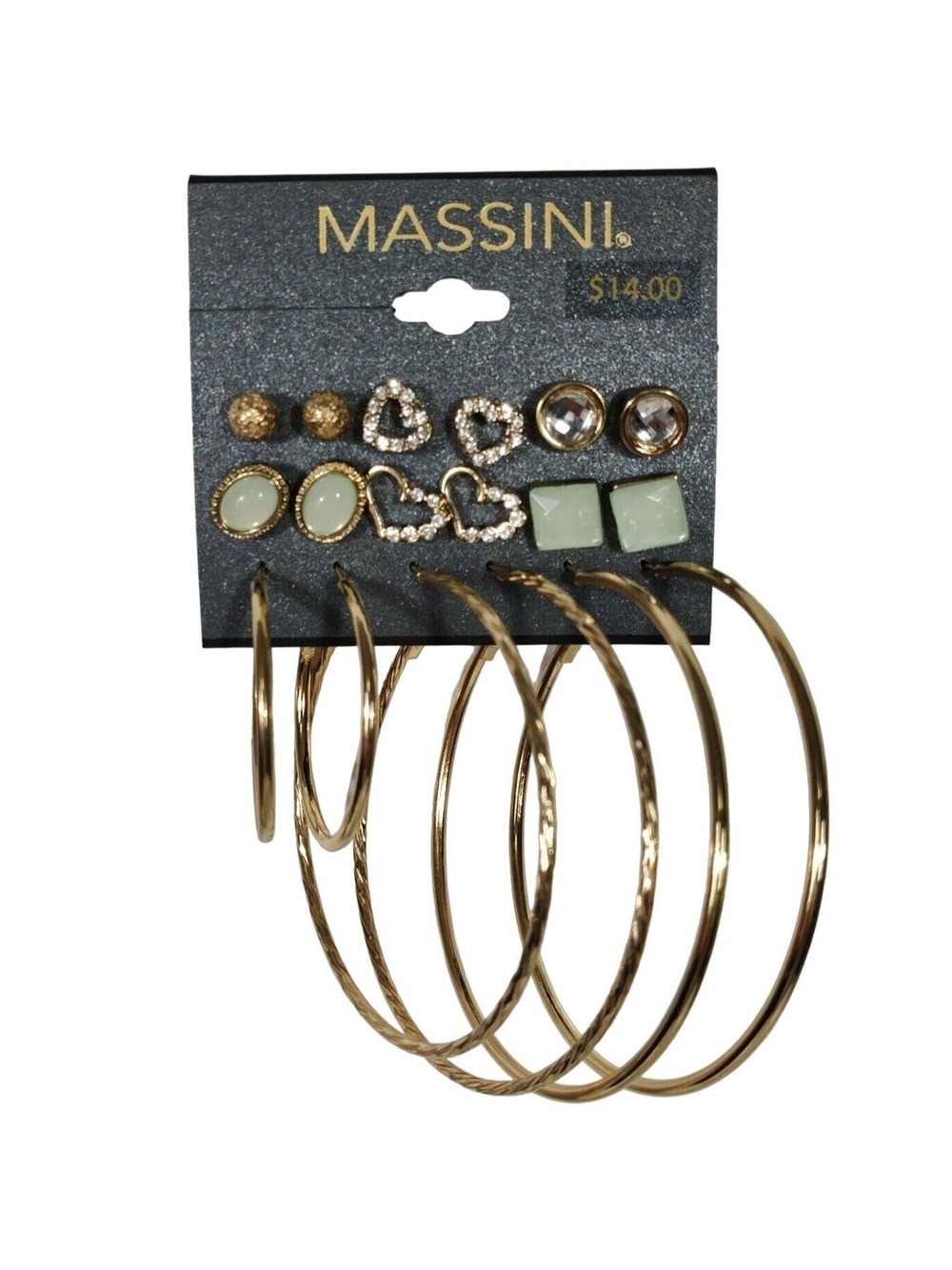 Massini Set Of 9 Pairs Gold Tone Green Studs and Hoops Earrings Jewelry NEW